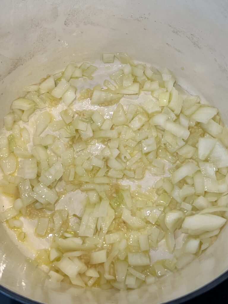 Saute the onions and garlic, then add the rest of the ingredients