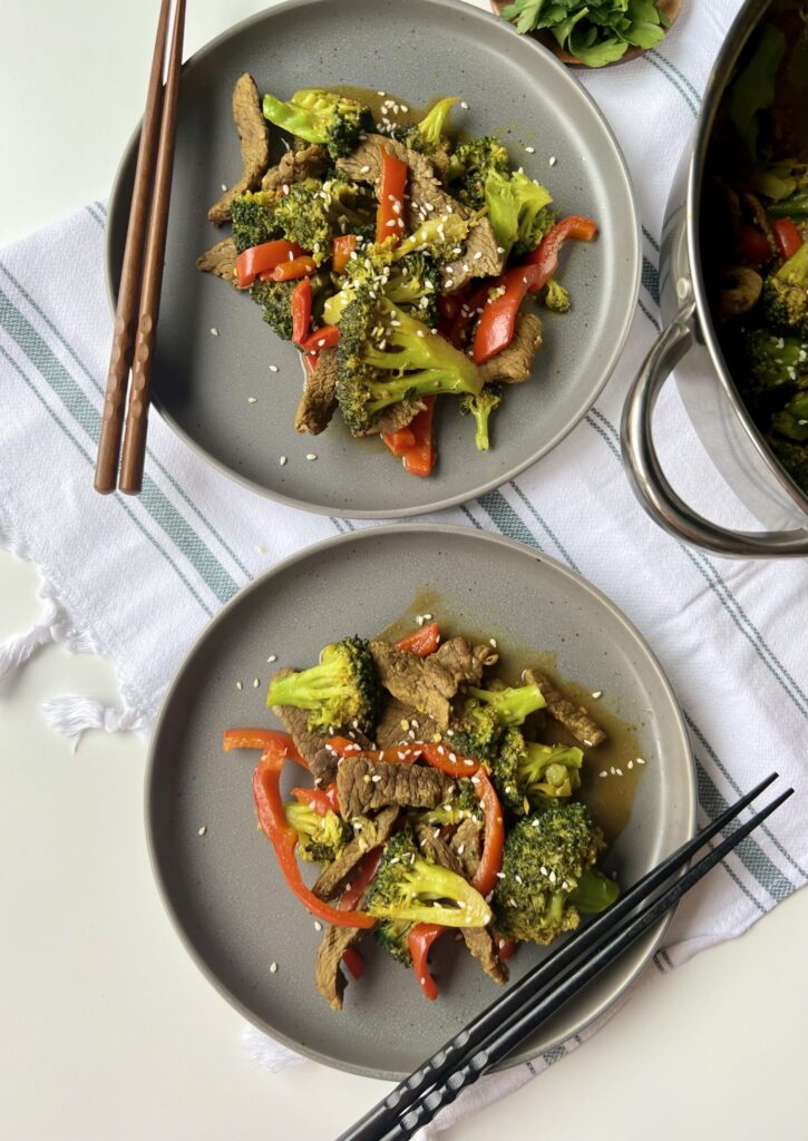 one-pan beef and broccoli plated