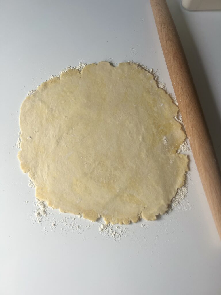 sourdough pie crust
-  roll the dough into a rough 12-inch circle shape with about a 1/8-inch thickness. Tip: flour the rolling pin to avoid sticking.