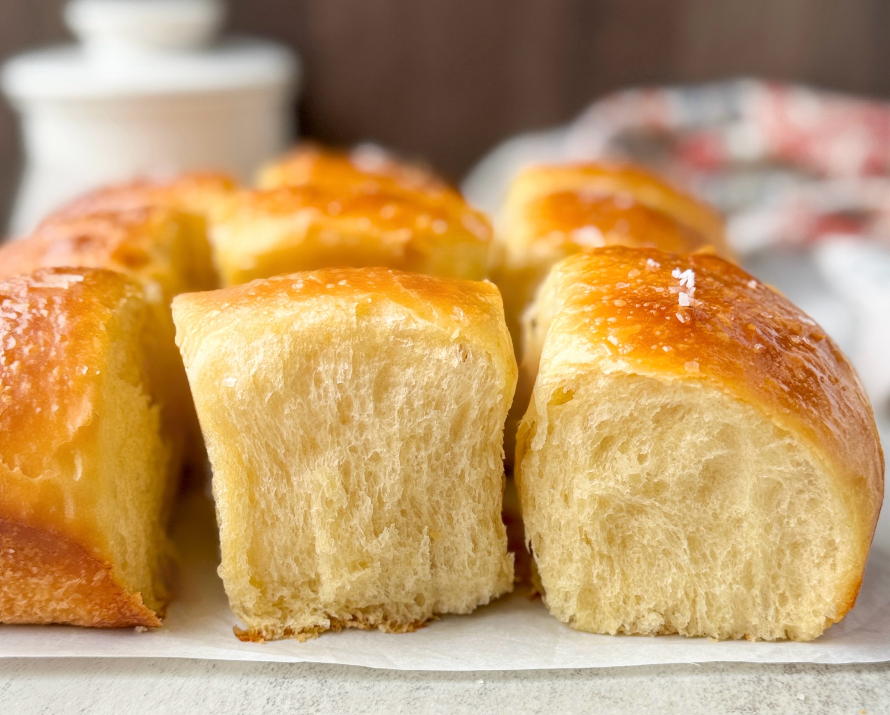 soft sourdough brioche dinner rolls