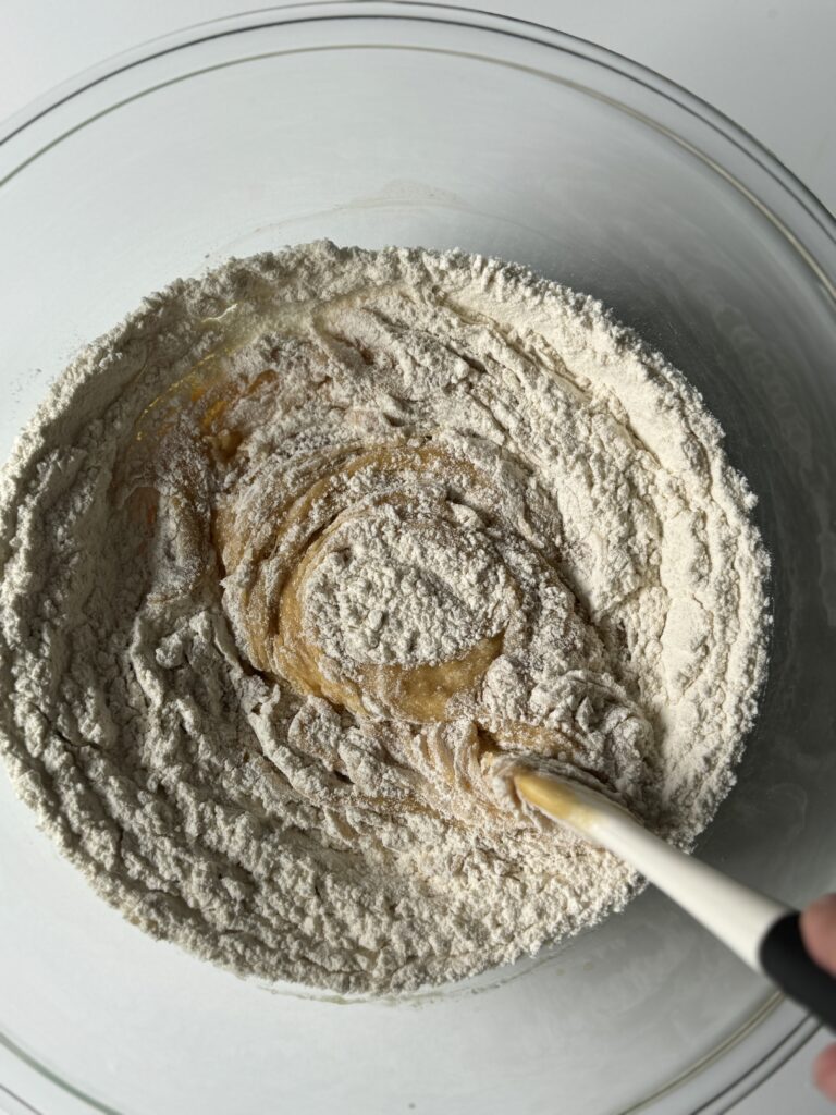 mixing drying ingredients into wet