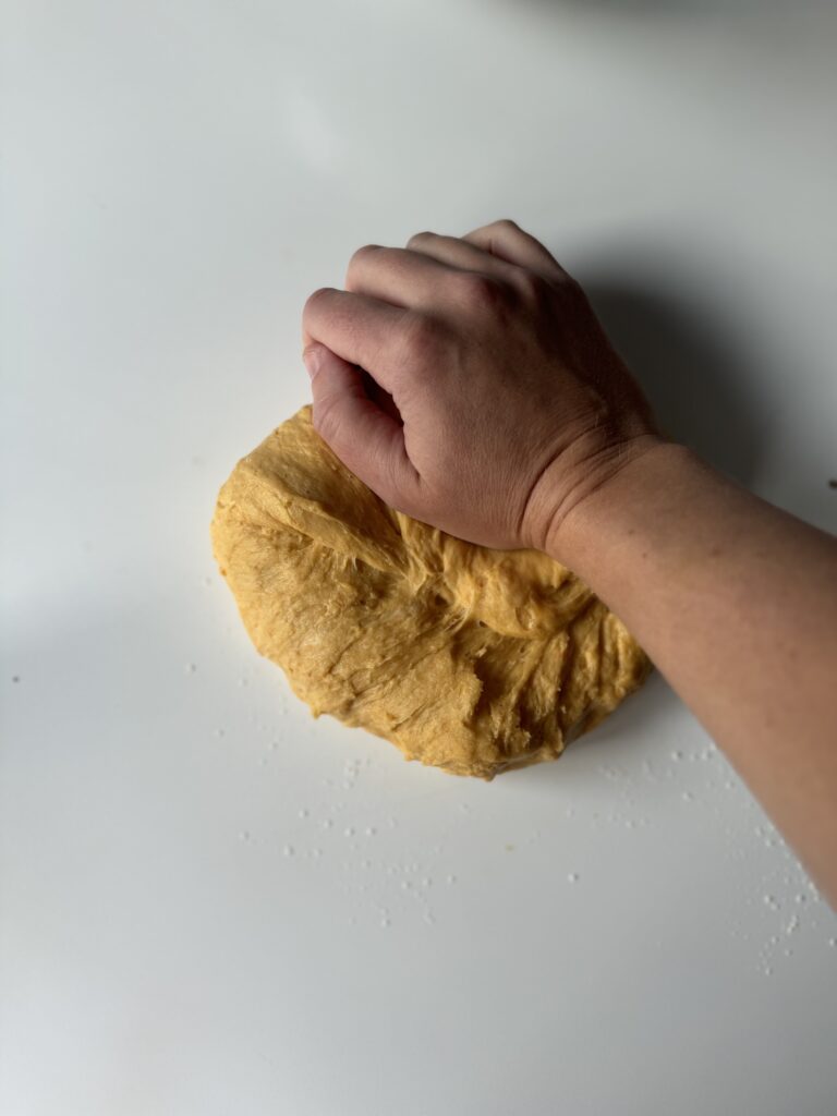 kneading pumpkin cinnamon roll dough