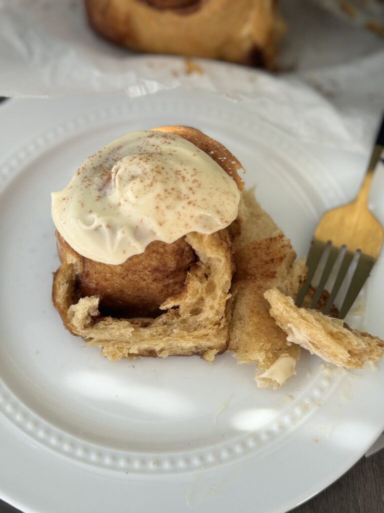 inside of sourdough gingerbread cinnamon rolls