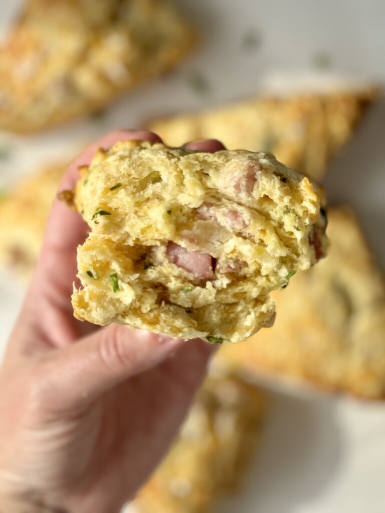 ham cheddar and chive sourdough scone inside