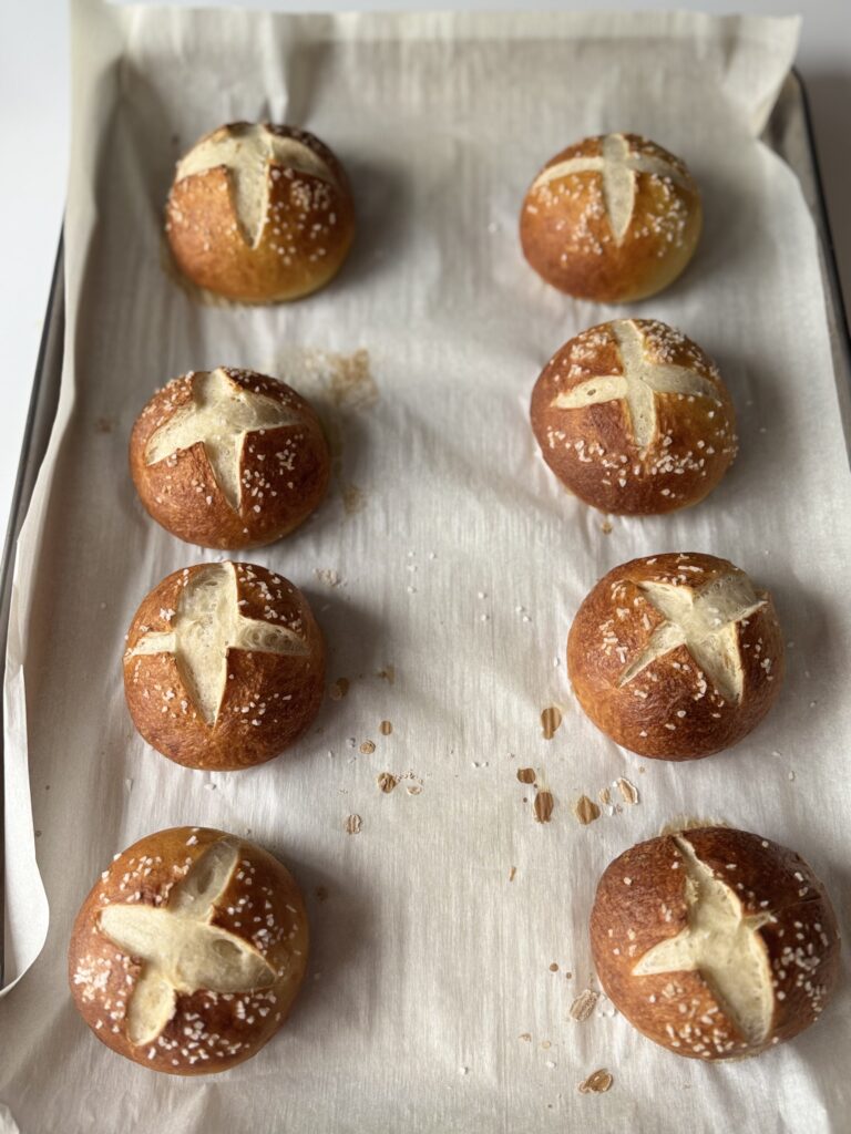 baked sourdough pretzel buns