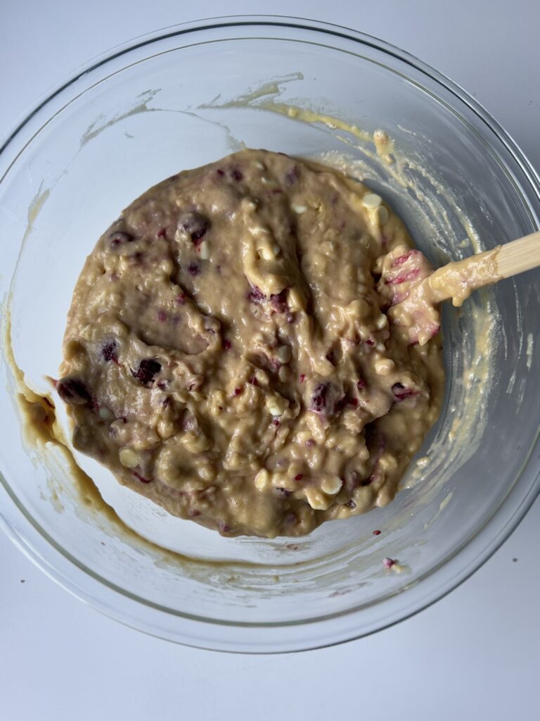 Mixing white chocolate Amish bread