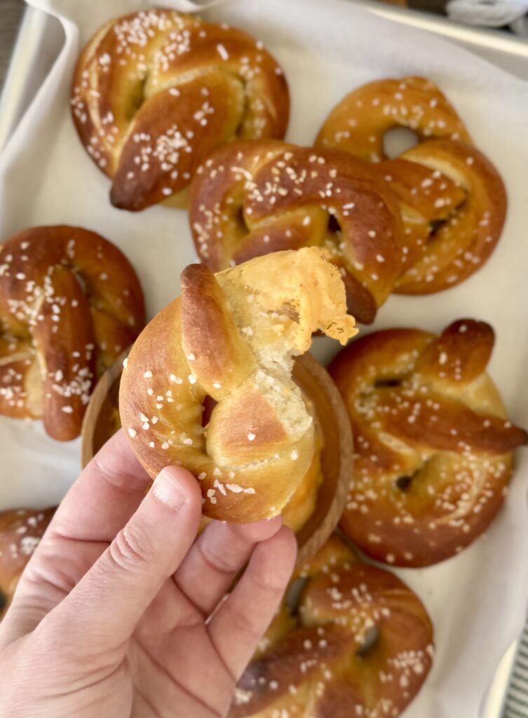 sourdough pretzel in cheese