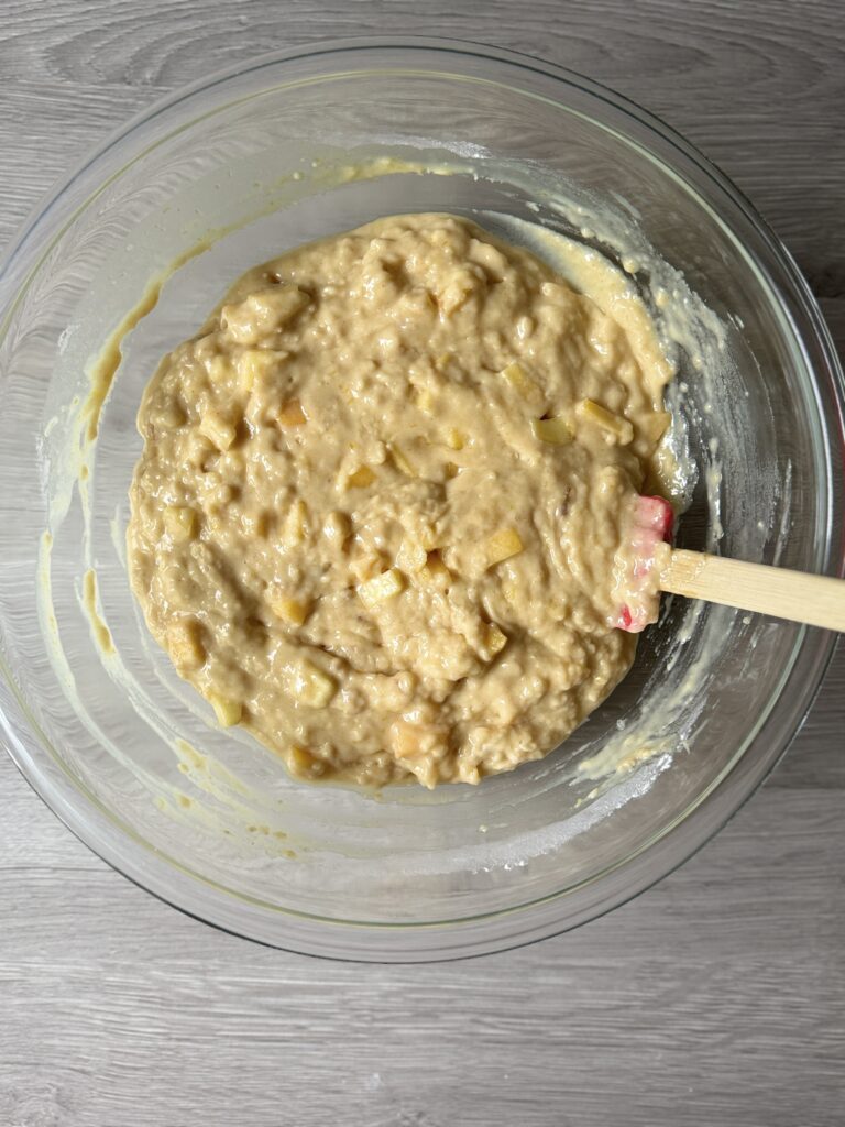 mixing amish friendship peach muffins