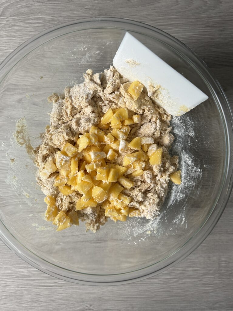mixing peach scones