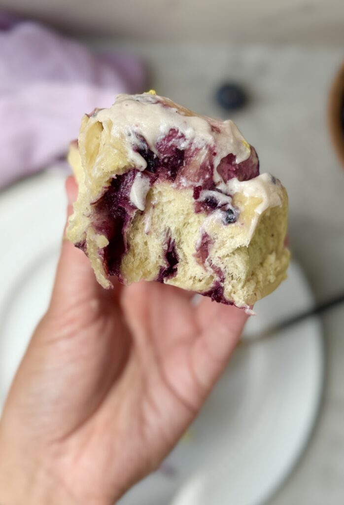 inside of blueberry lemon sourdough brioche rolls