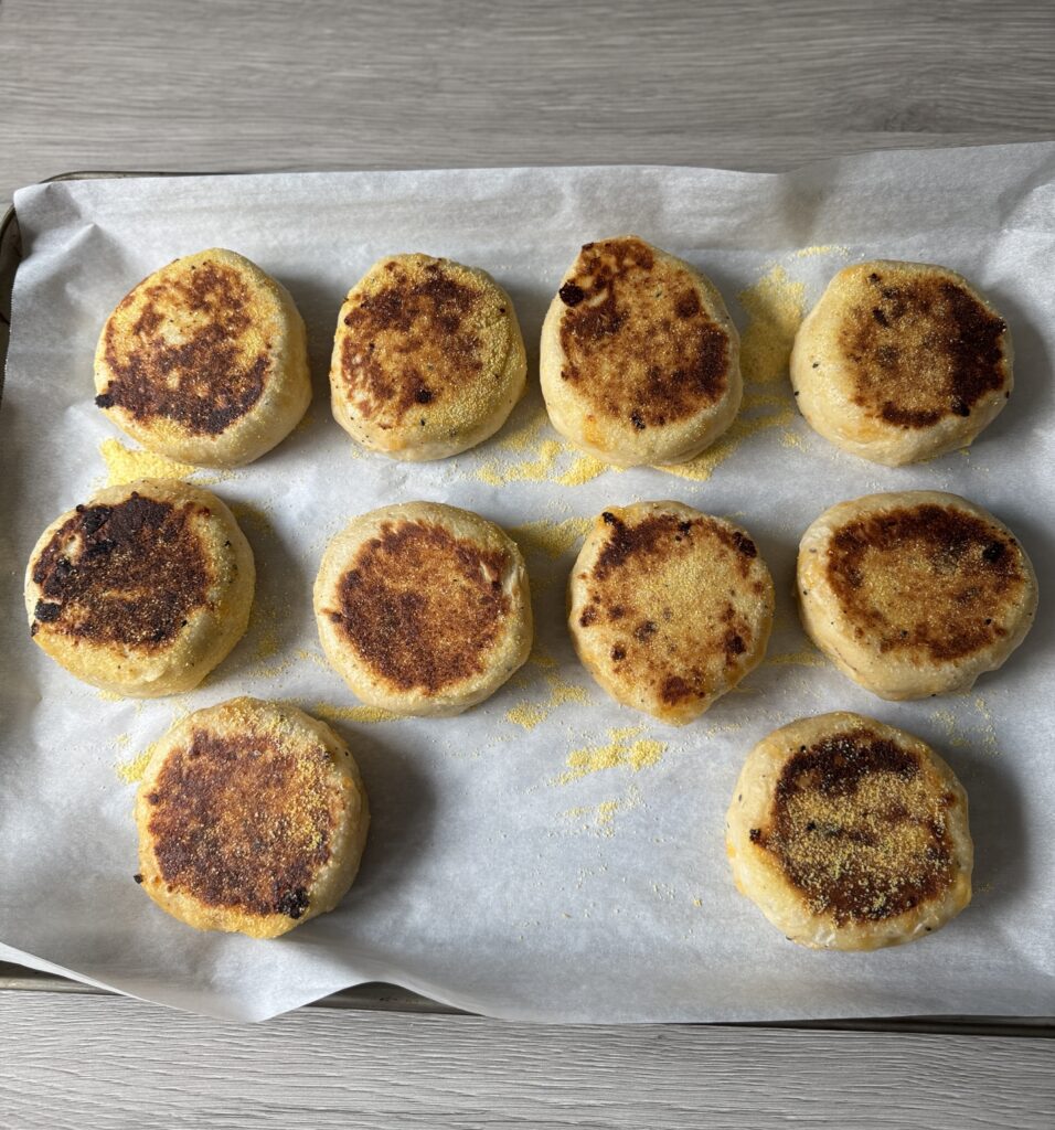 baked sourdough English muffins