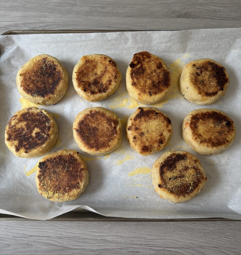 baked sourdough English muffins