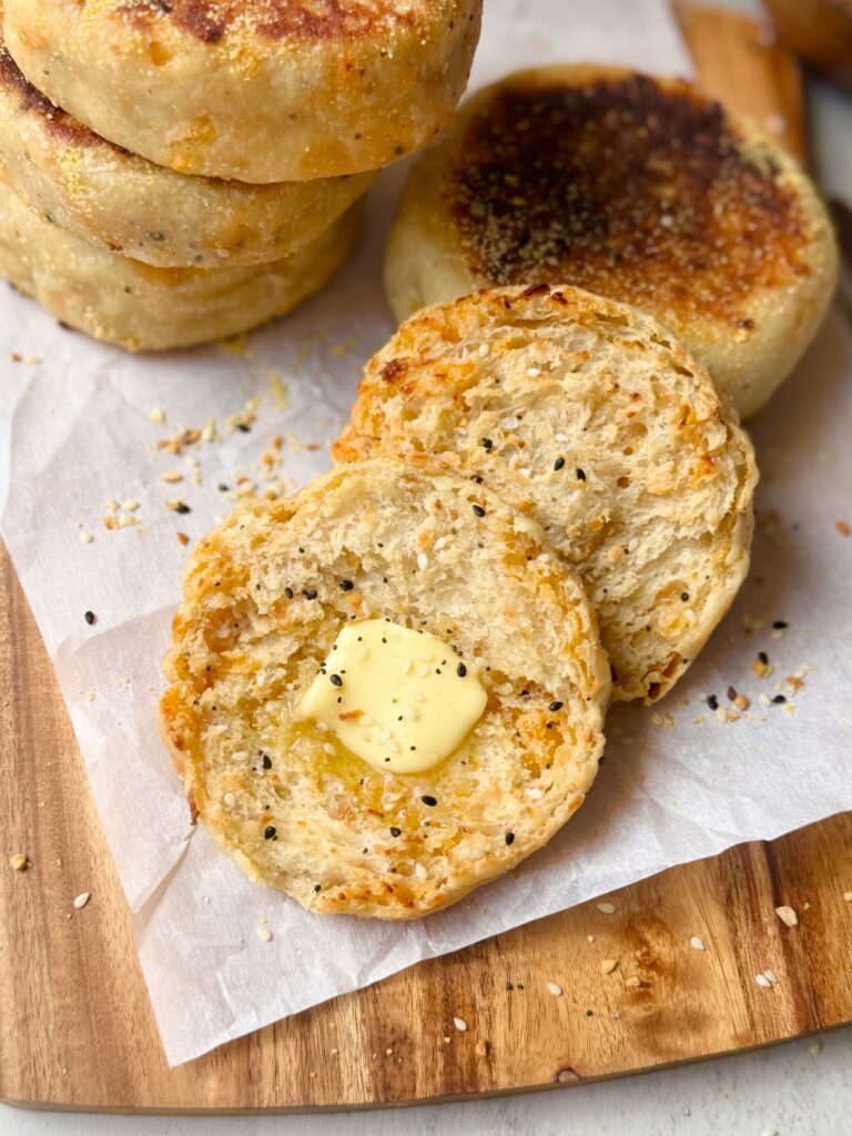 everything bagel sourdough English muffins cover photo