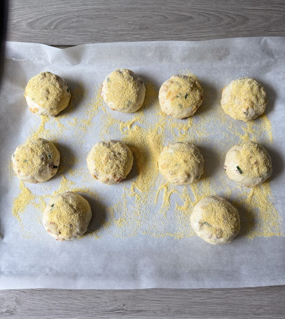 proofing sourdough english muffins bacon cheddar chive