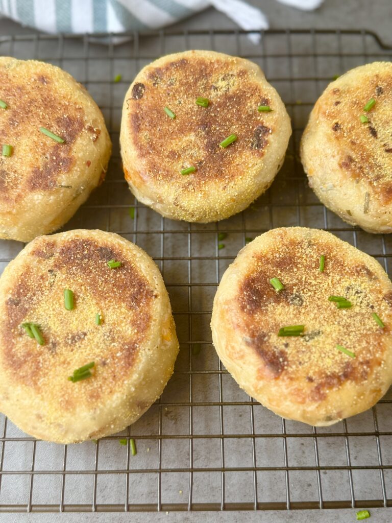 bacon cheddar chive sourdough English muffins