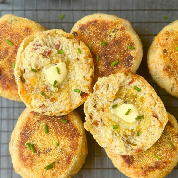 bacon cheddar chive sourdough English muffins