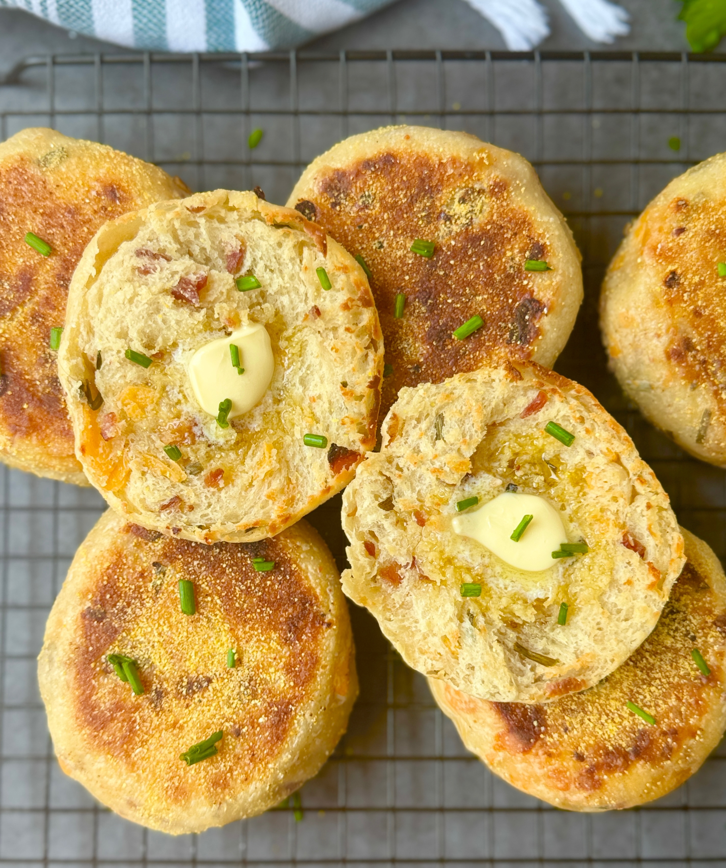 bacon cheddar chive sourdough English muffins