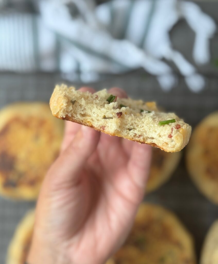 inside of bacon cheddar chive English muffins
