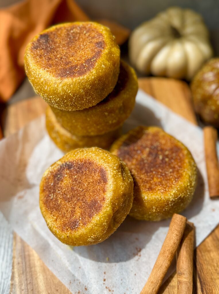 pumpkin spice sourdough English muffins