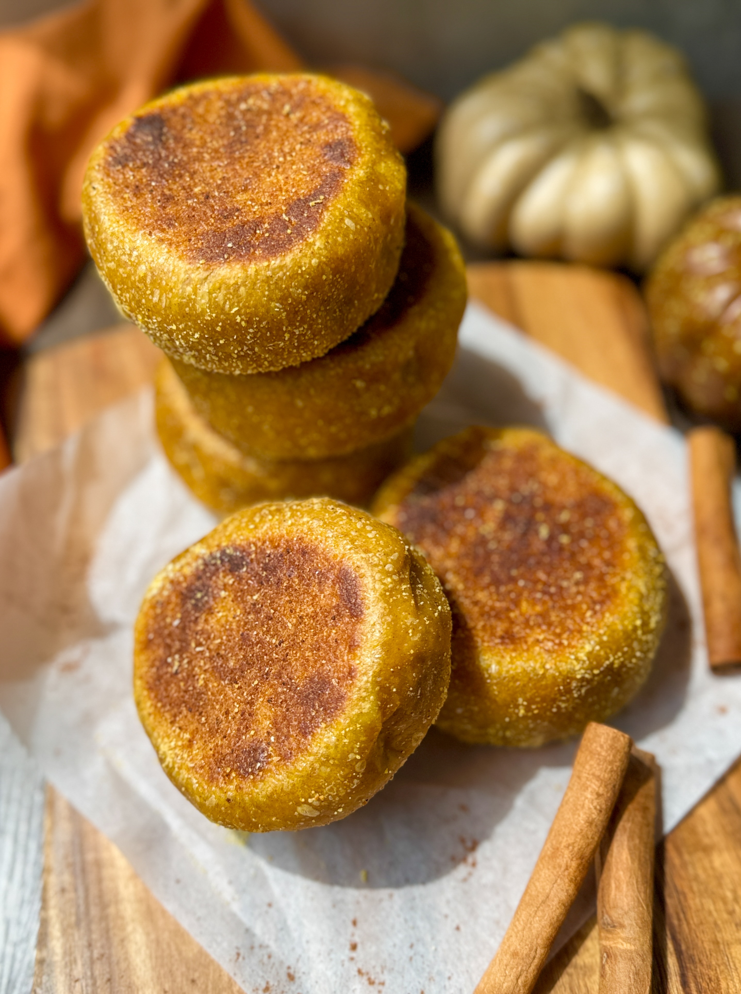 pumpkin spice sourdough English muffins