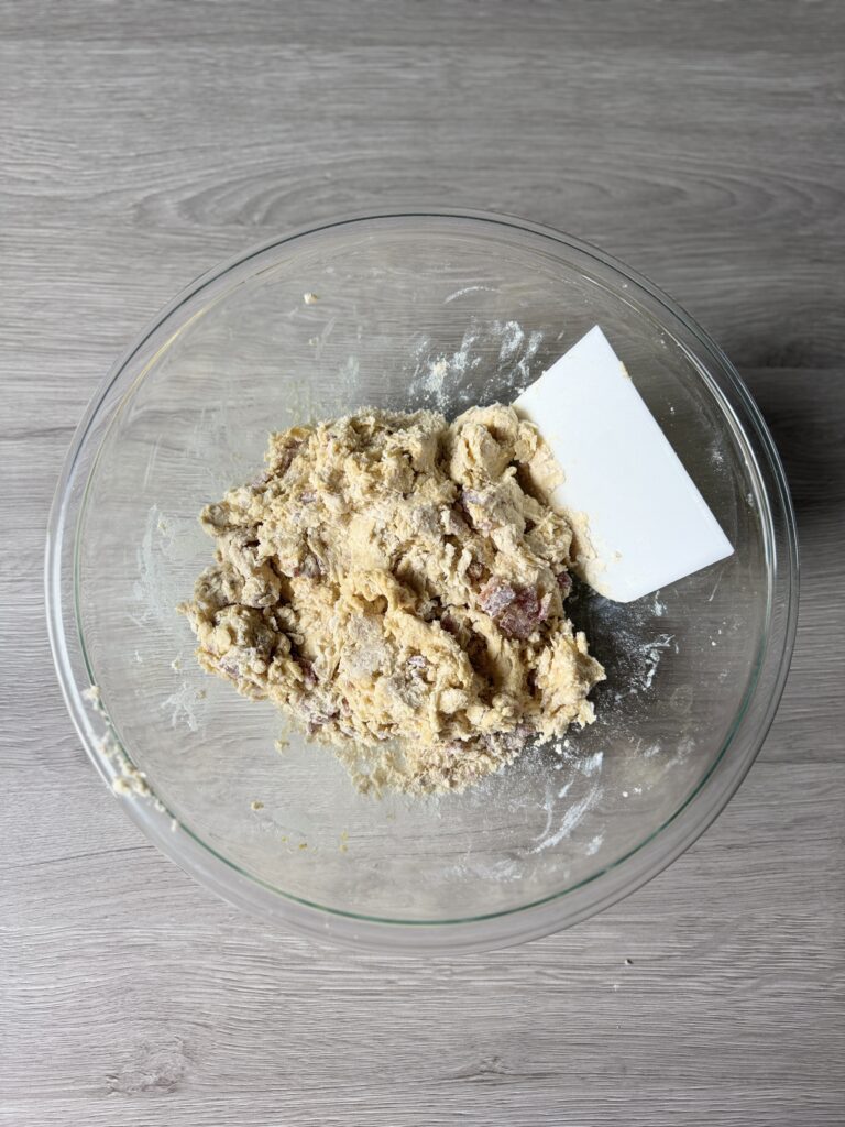 mixing maple bacon scones