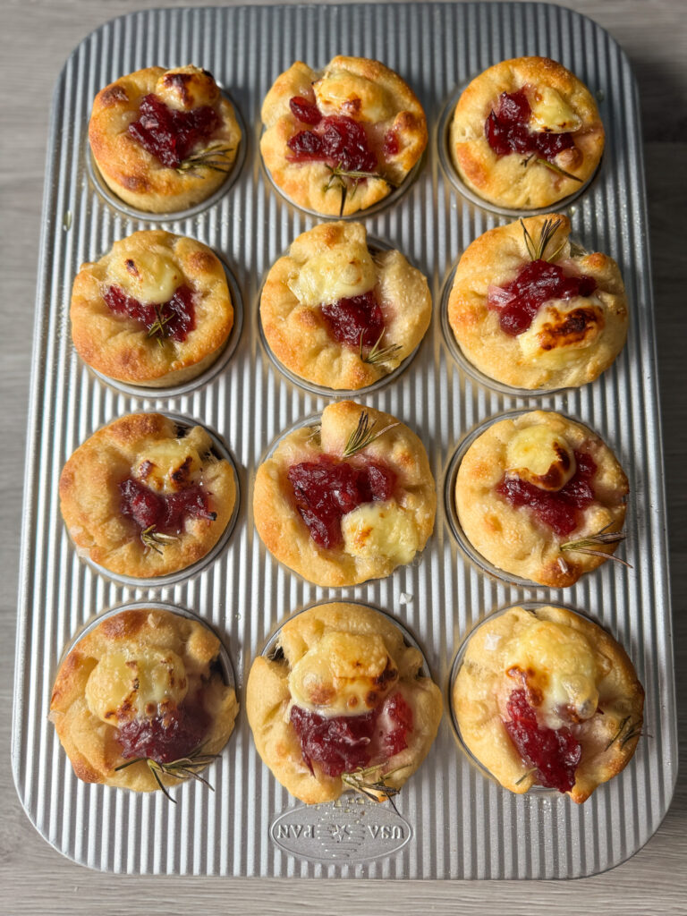 baked cranberry brie sourdough focaccia muffins