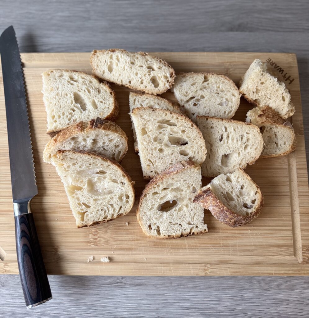 cutting sourdough croutons