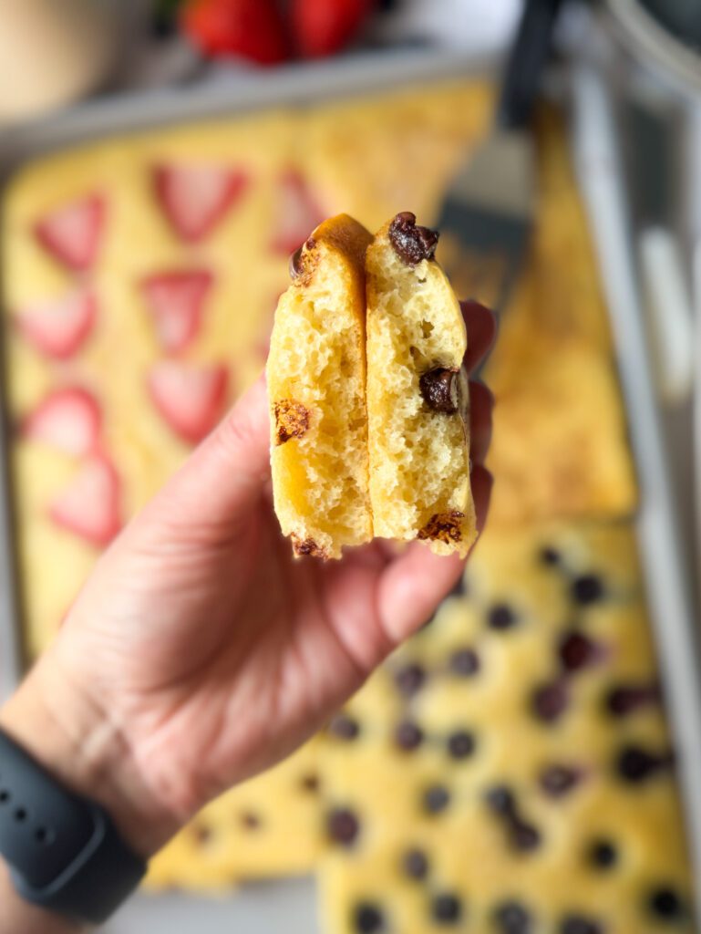 crumb shot of sourdough sheet pan pancakes