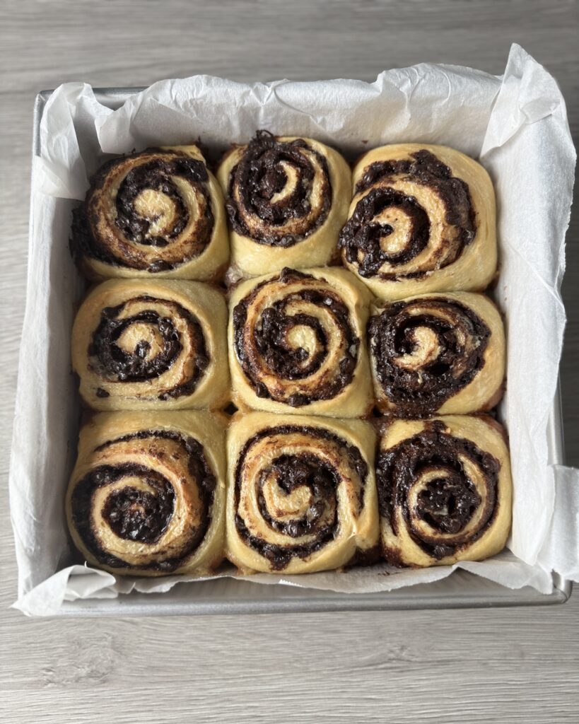 baked chocolate chip sourdough cinnamon rolls