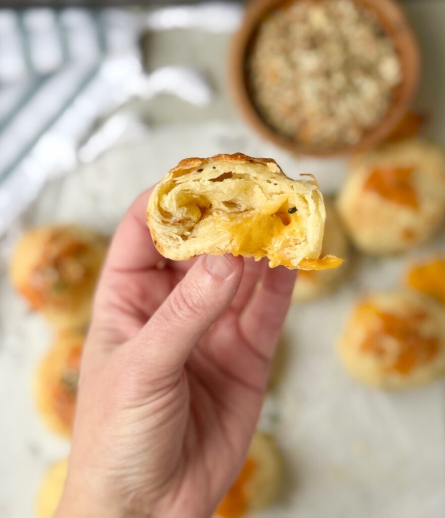 everything bagel cheddar sourdough biscuit bomb crumb
