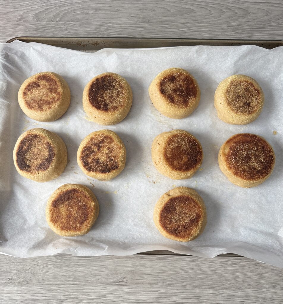 frying honey whole wheat sourdough English muffins