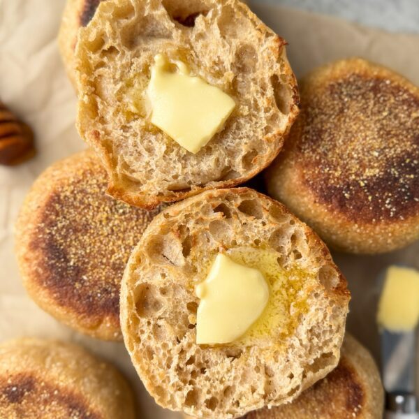 honey whole wheat sourdough English muffins