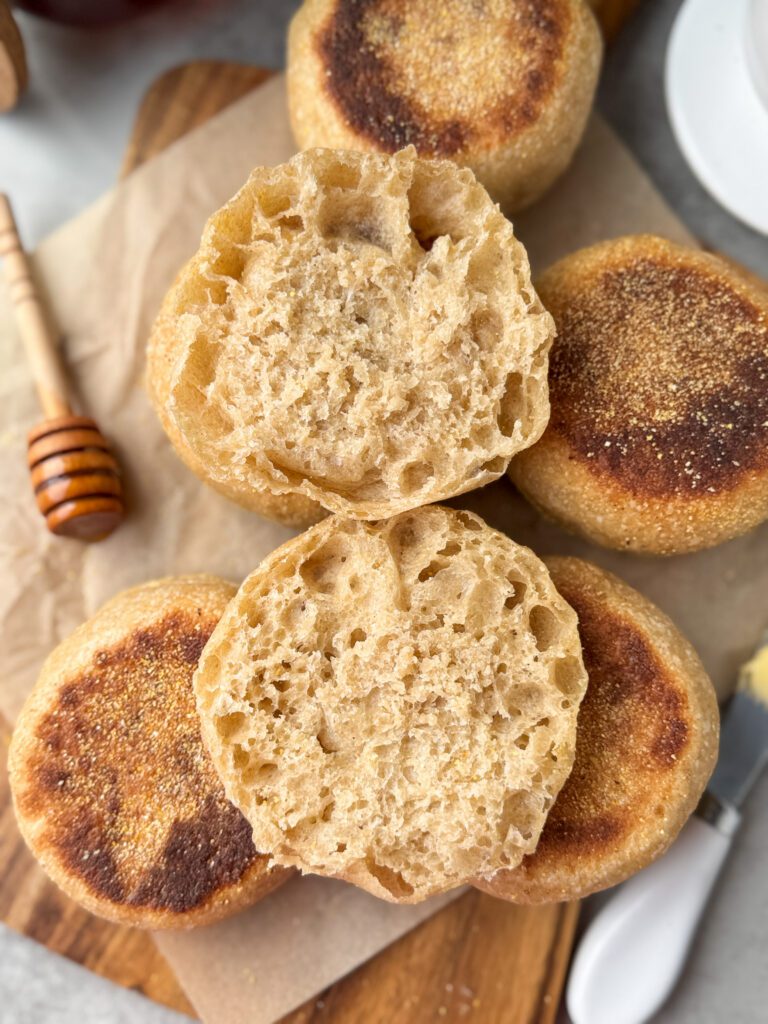 crumb of honey whole wheat English muffins