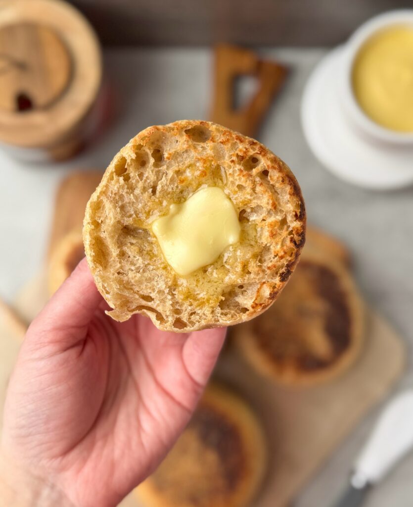 honey whole wheat sourdough English muffins