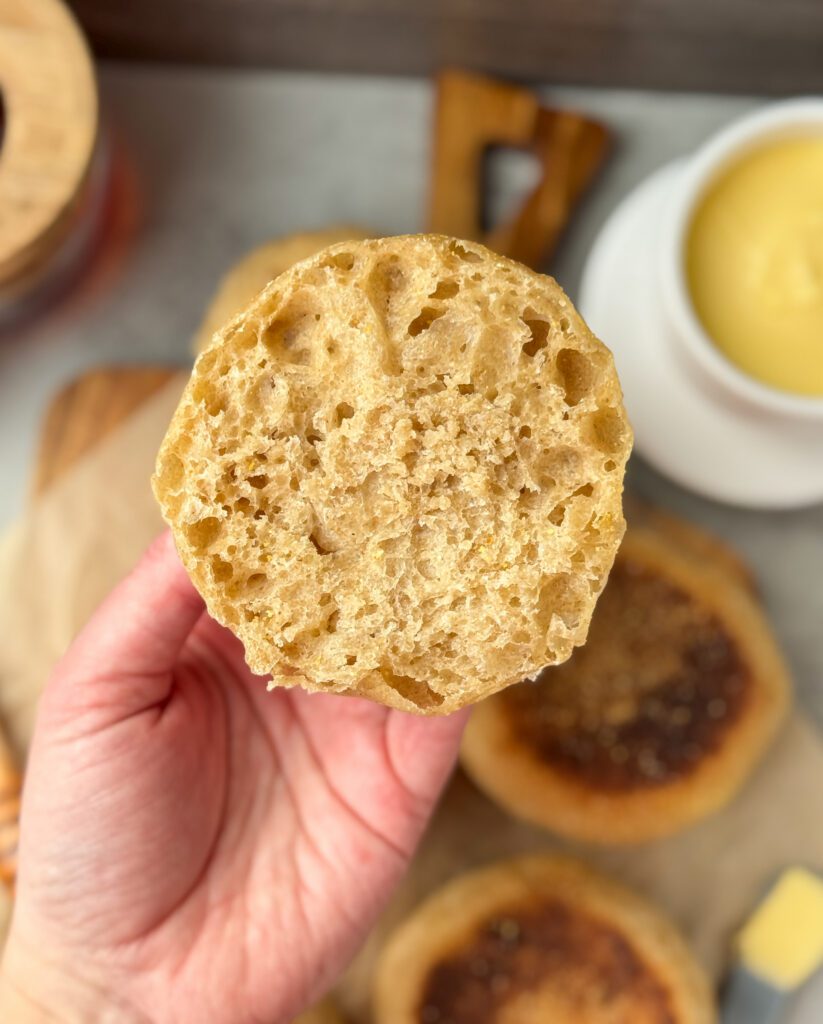 honey whole wheat sourdough english muffin crumb