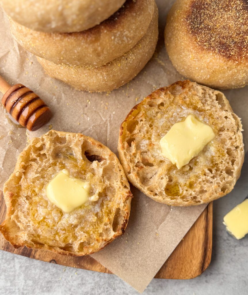 honey whole wheat sourdough English muffins