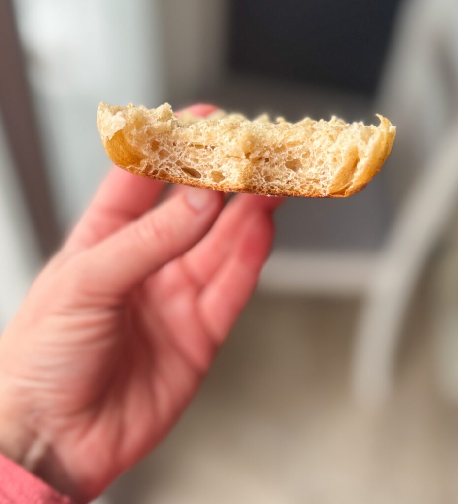 honey wheat sourdough english muffin inside of the crumb