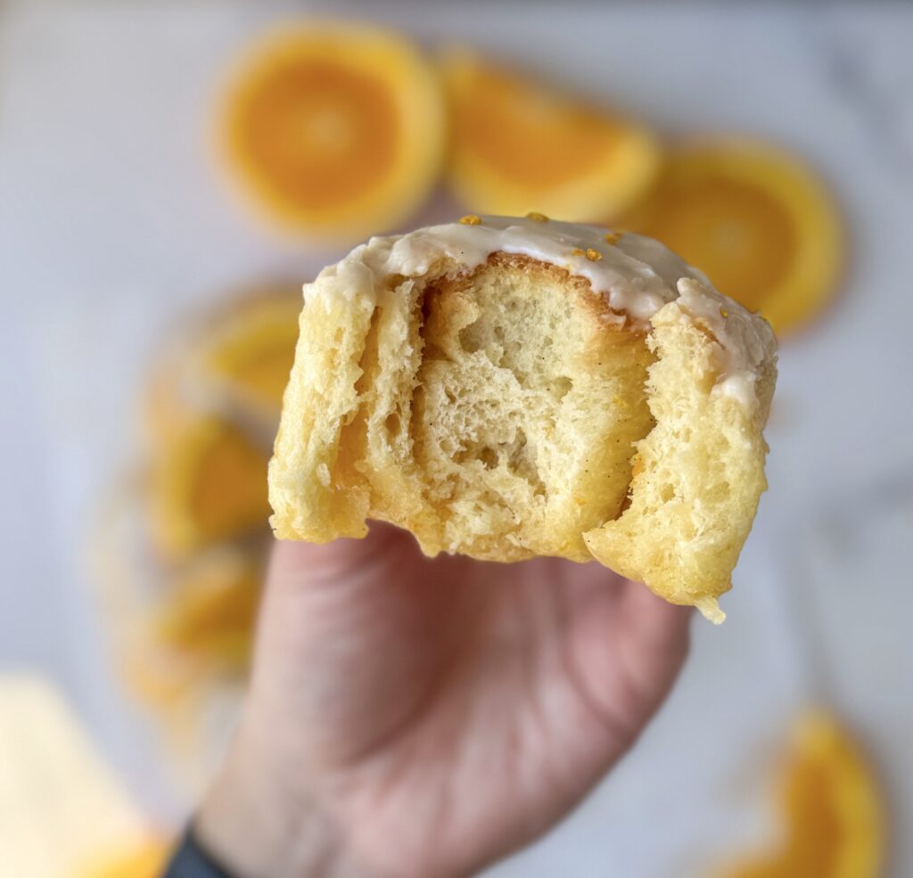 crumb of orange vanilla sourdough brioche rolls