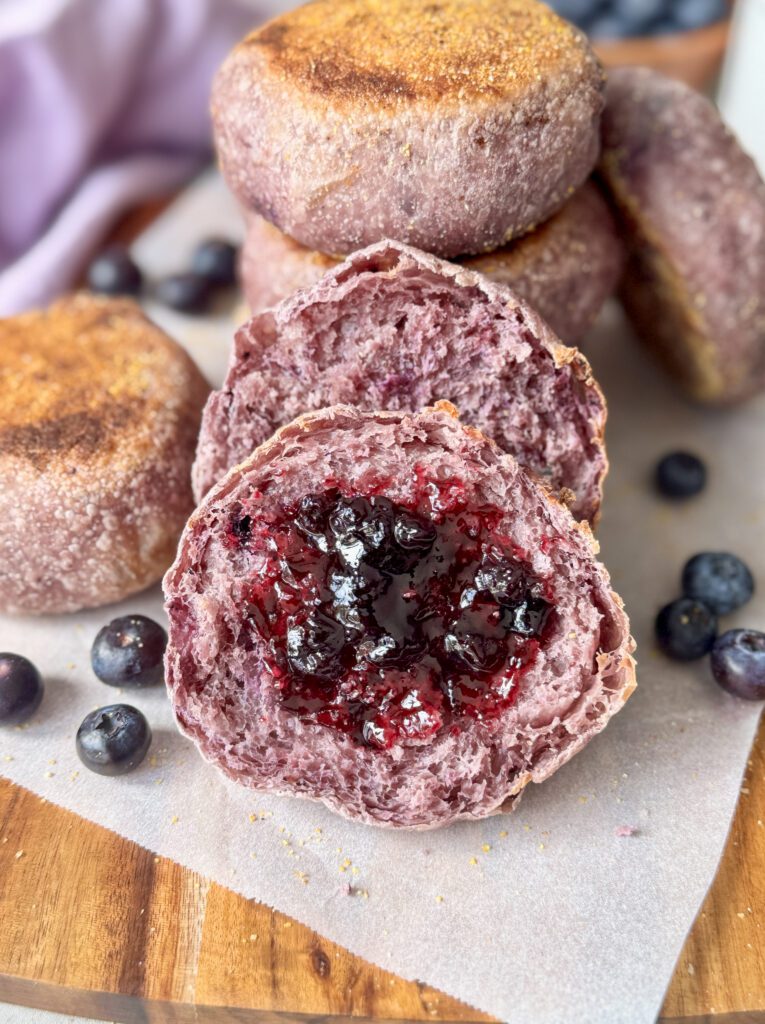 blueberry sourdough English muffins with jam