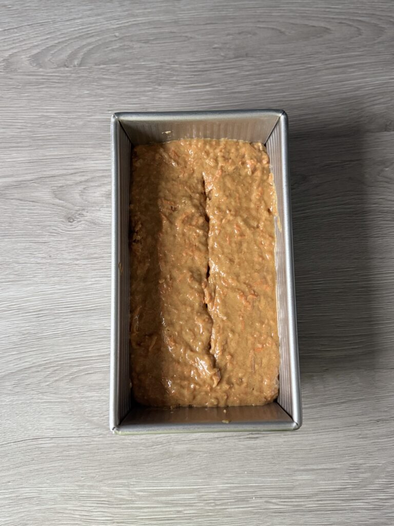 carrot cake batter in loaf pan