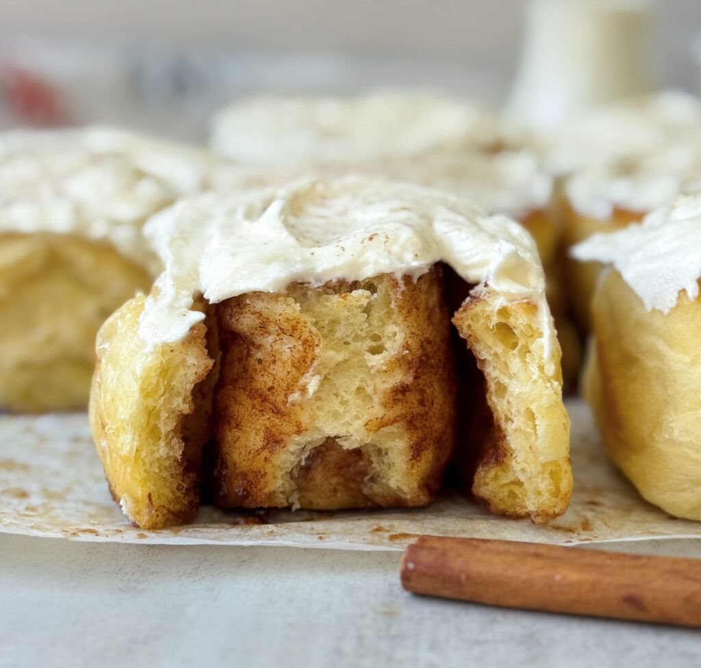 inside of sourdough discard cinnamon rolls