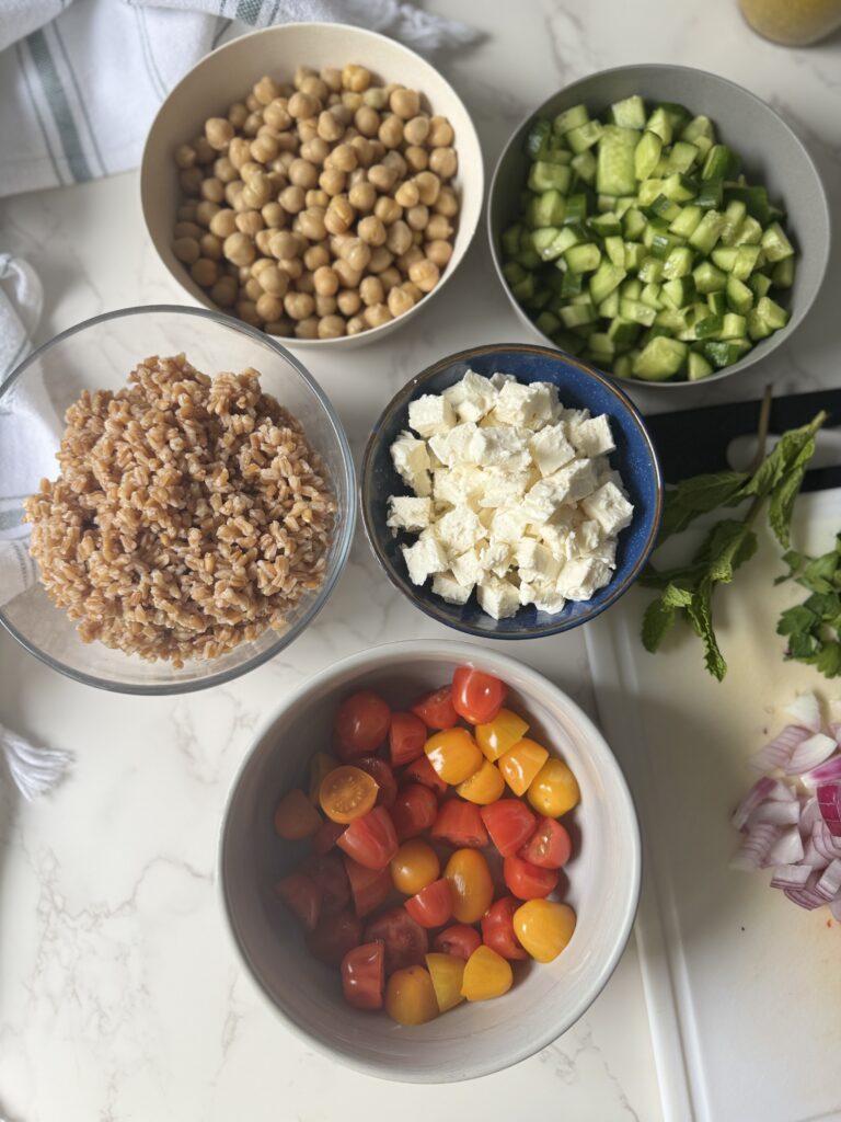 Greek farro salad veggie prep