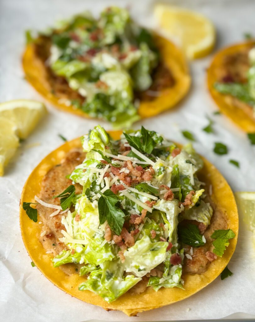 smashed chicken ceasar salad taco