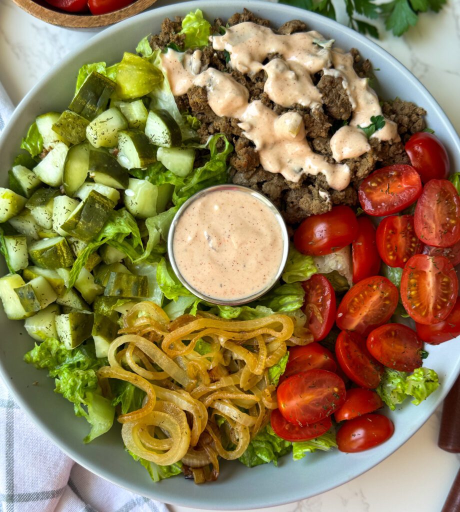 healthy protein packed burger bowl