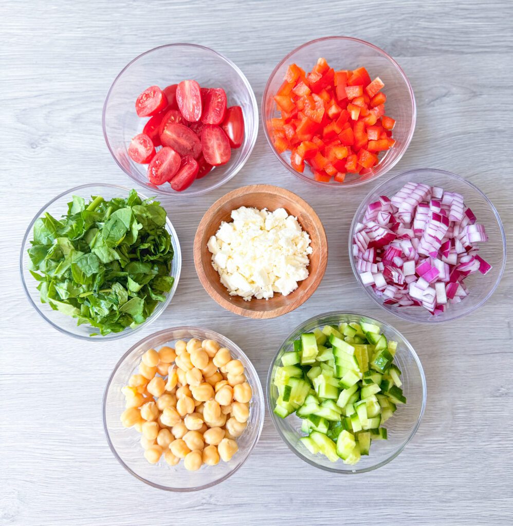assembling Greek salad