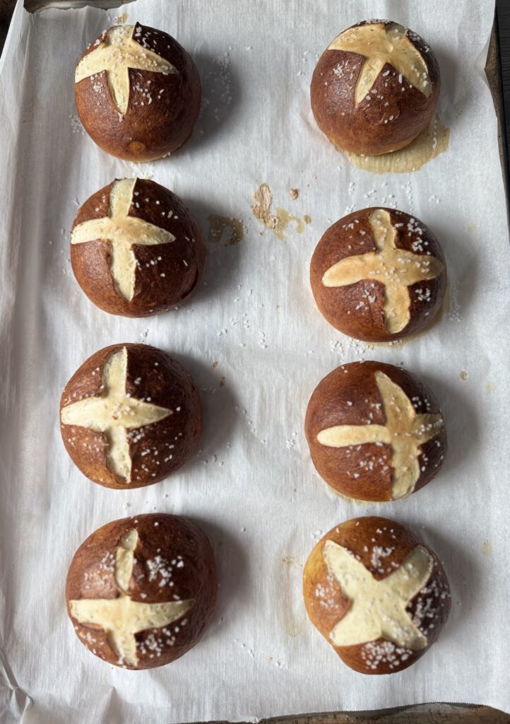 baked sourdough discard pretzel buns