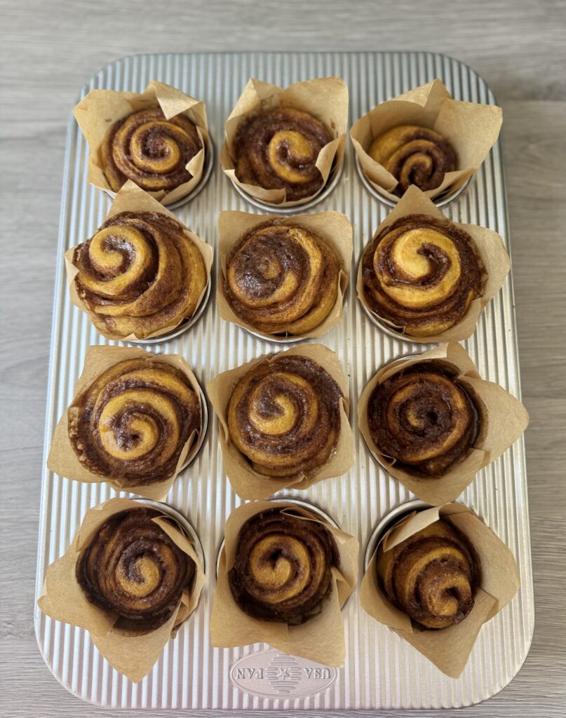 baked sourdough pumpkin cinnamon roll muffins