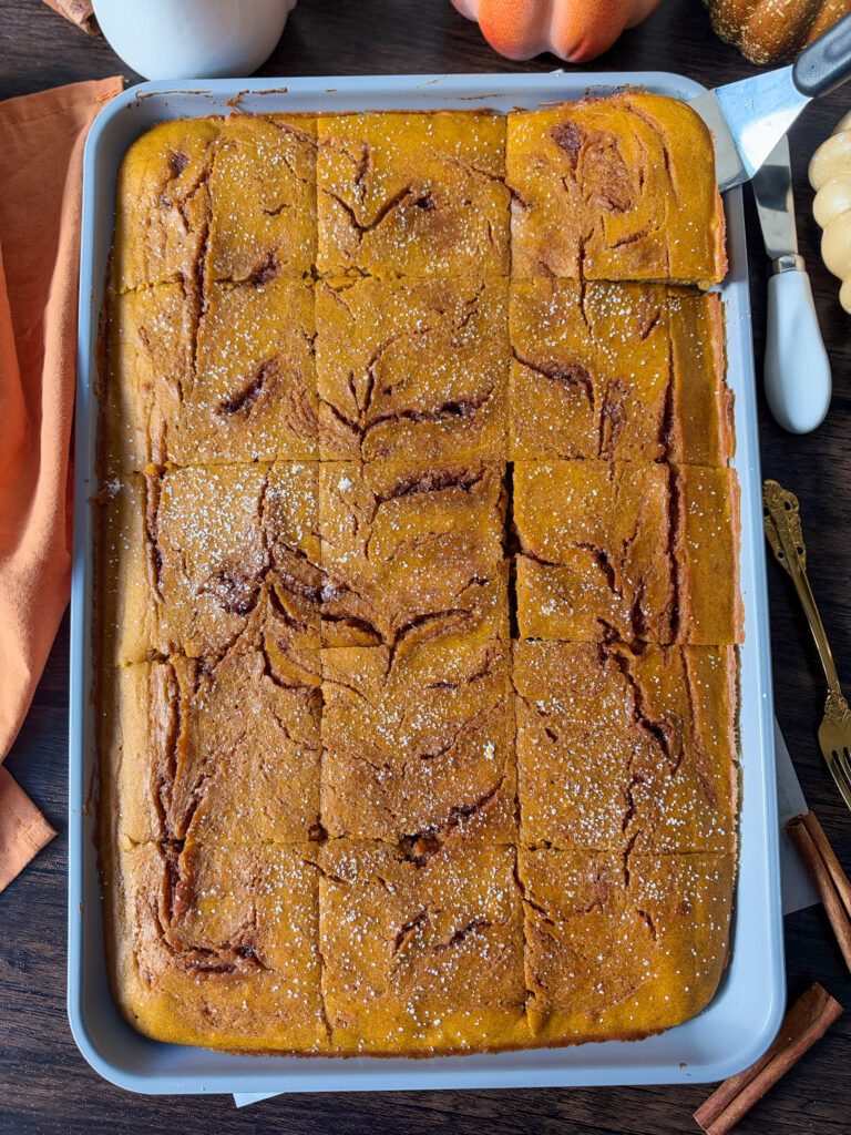 sheet pan pumpkin pancakes with cinnamon swirl